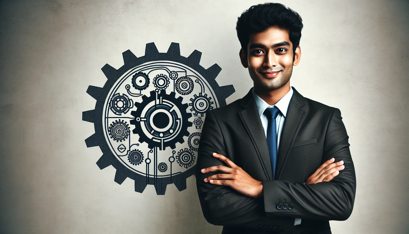 Imagine a scene where you have a business professional, clad in a sleek suit. This person is standing confidently next to a large, metallic gear icon that is symbolic of automation and technology in the business world. The background is likely minimalistic to emphasize the interaction between modern business practices and technological advancements, illustrating a harmonious integration of human decision-making with mechanical efficiency. This imagery could be used to convey concepts related to topics like industrial automation, business management software, or technological innovation in corporate strategies.