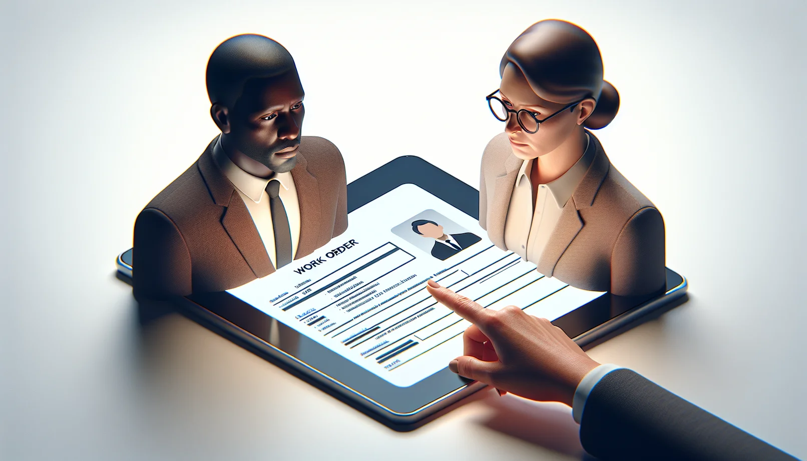 To create a digital work order form for use on a tablet in the United States, it’s important that the design is user-friendly, professional, and adheres to local business standards. Since character illustrations might be used in tutorial or help sections, and you specified that these characters should look like typical U.S. men or women, here's a guide to creating or selecting appropriate images:  1. **Diversity and Representation**: The U.S. is incredibly diverse. Therefore, illustrations or images used should represent a variety of ethnic backgrounds, genders, and ages. It's key to include Caucasian, African American, Hispanic, Asian, and other representations to reflect the true diversity of the American workforce.  2. **Attire**: Characters should be dressed in business casual or professional attire if the context of the work order form is business-related. For more industrial or field-related work, the characters might be depicted in uniforms or appropriate work gear like helmets, gloves, etc.  3. **Posture and Expression**: Characters should appear approachable and professional. They should have friendly expressions and a posture that indicates readiness to assist or engage with the user.  4. **Precision in Design**: Ensure the illustrations are clear and visually pleasing, with good resolution and attention to detail. This enhances the user experience and provides a positive interaction with the digital form.  5. **Legal Considerations**: Be mindful of copyright and usage rights when using images. Using stock images from reputable sources, or hiring a graphic designer to create custom illustrations, ensures compliance with intellectual property laws.  6. **Localization**: Beyond just appearance, consider other localization factors such as language options, terminology used in the form, date formats, and currency, ensuring everything conforms with U.S. standards and norms.  7. **Technological Compatibility**: Since the form is digital and to be displayed on a tablet, the design should be responsive and easy to navigate using touch controls. It should also be tested on various devices for compatibility and user-friendliness.  In summary, when creating visual content featuring persons for a digital work order form in the U.S., emphasize diversity and cultural representation, proper attire, and professionalism through expressions and postures, all while ensuring technical robustness and legal compliance.